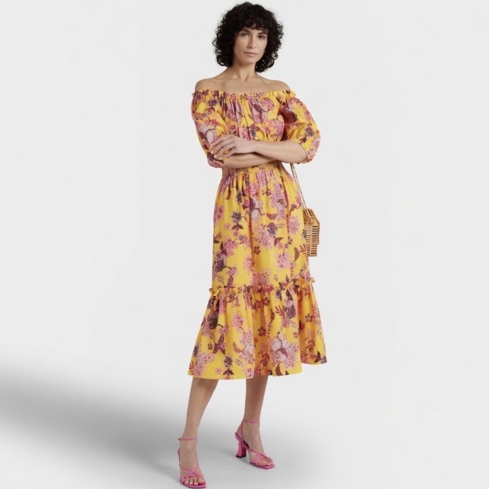 Cara Cara Mimi Off-the-shoulder Floral-print Cotton Midi Dress Yellow XXS 3659